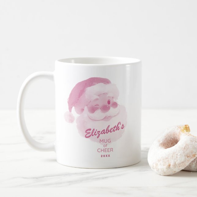 Café Caneca de Natal Personalizada Rosa do Papai Noel d (Com Donut)