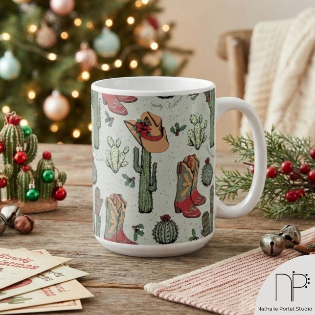 Café Caneca de Natal Western Howdy (This western christmas mug features hand-drawn boots, cacti, and holiday art on sage green.)