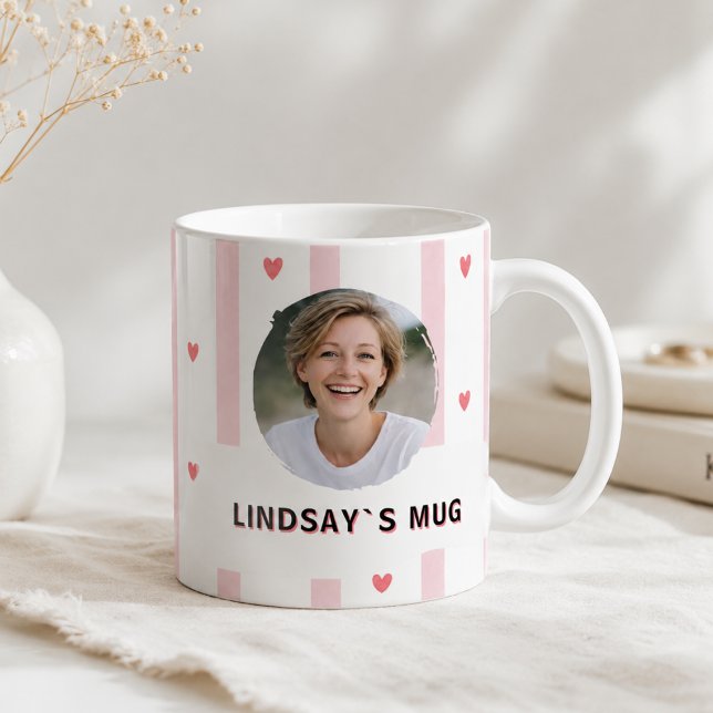 Café Caneca de Nome com Listras Rosa Coração Personaliz (Custom Photo Name Mug Pink Stripes Heart)