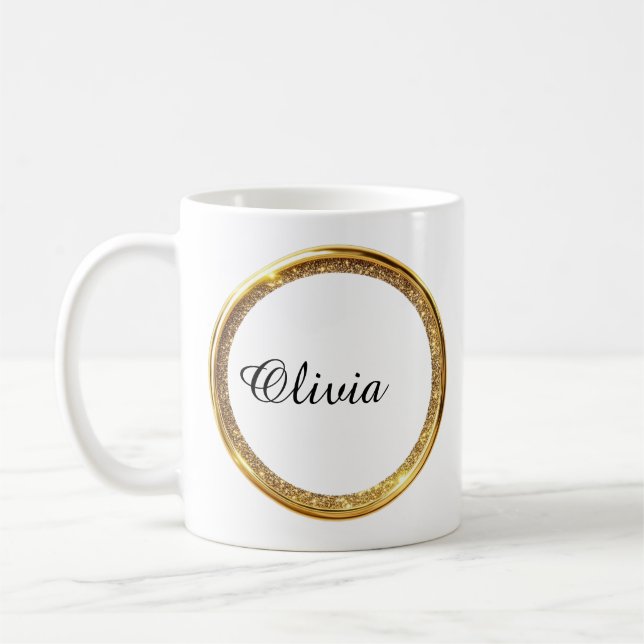 Café Caneca de Nome Inicial com Moldura de Glitter Dour (Esquerda)