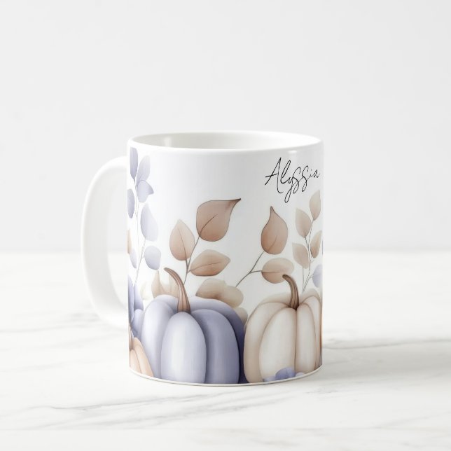 Café Caneca de outono com abóboras e flores azuis e beg (Frente Esquerda)