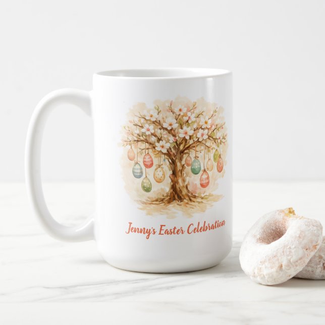 Café Caneca de Páscoa Caprichosa com Árvore em Flor e O (Com Donut)