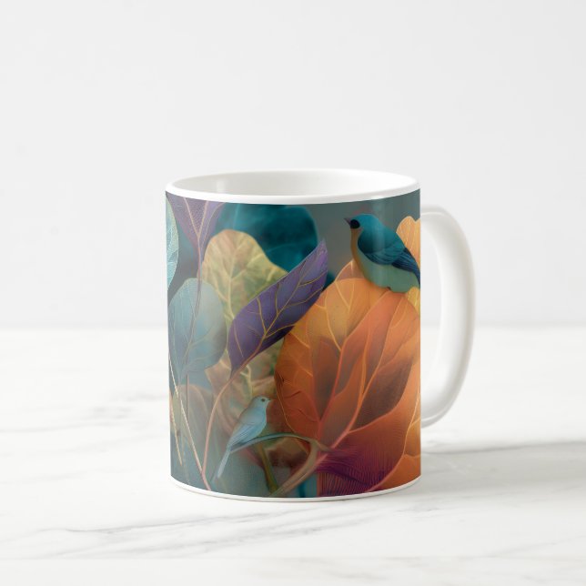 Café Caneca de Pássaros Botânicos Roxo e Laranja (Frente Esquerda)