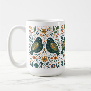 Café Caneca de Pássaros e Padrão Floral de Arte Folclór