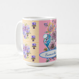 Café Caneca de pássaros florais Budgie rosa azul pintad