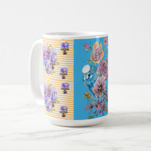Café Caneca de pássaros florais Budgie rosa azul pintad