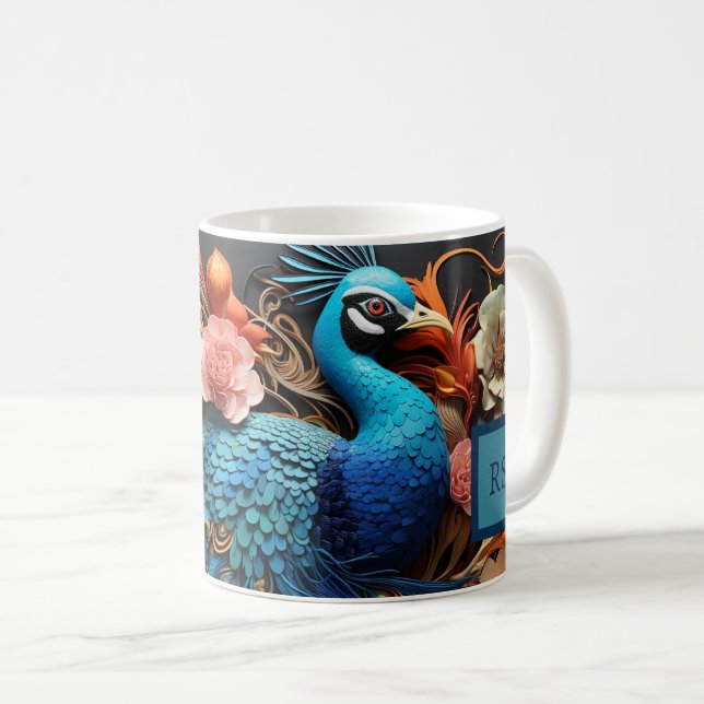 Café Caneca de Pavão com Monograma Personalizado Deslum (Frente Esquerda)