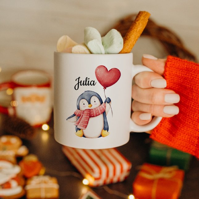Café Caneca de Pinguim Personalizada Com Balão de Coraç (Criador carregado)