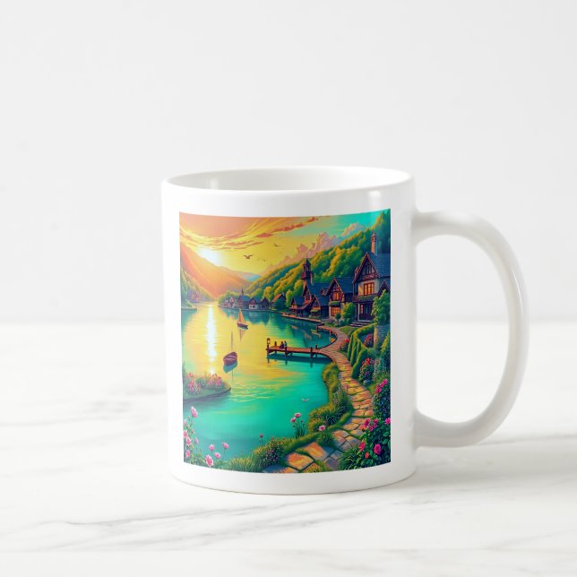 Café Caneca de Reflexão do Pôr do Sol Sereno (Direita)