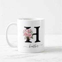 Caneca de Rosas Cor-de-Rosa Floral Monograma H Ini