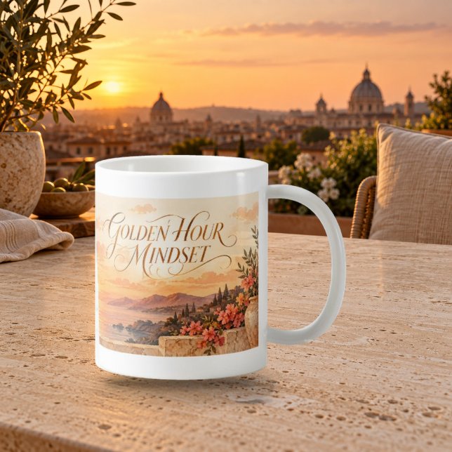Café Caneca de roteiro de mentalidade da hora dourada (Golden Hour Mindset Script Mug — refined lighting and contact shadows. Digital lifestyle preview.)