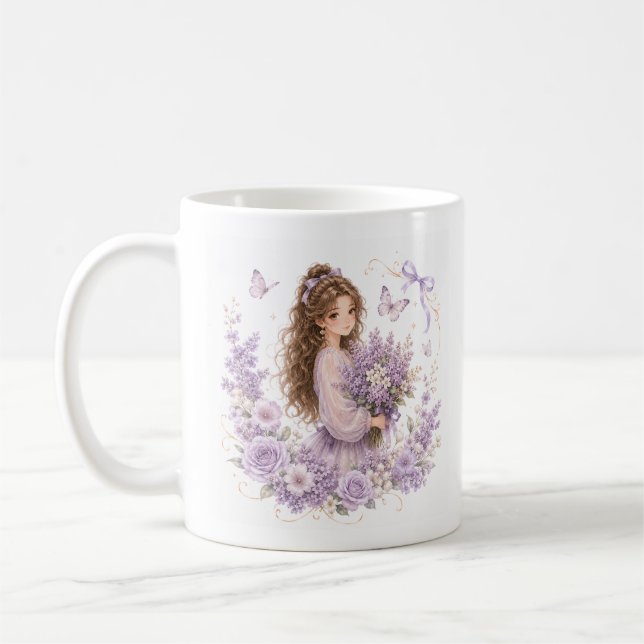 Café Caneca de seda roxa floral pastél editável da Silk (Esquerda)