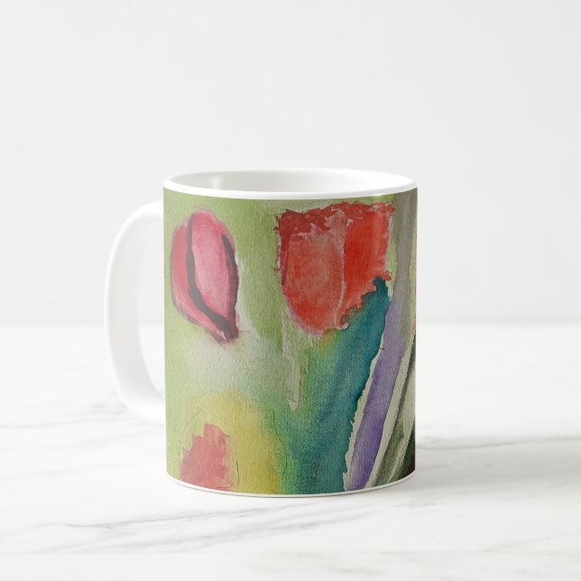 Café Caneca de Tulipas Abstratas e Flores da Primavera (Frente Esquerda)