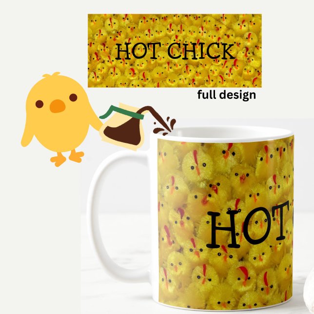 Café Caneca divertida de FRANGA QUENTE amarela (Cute, funny HOT CHICK yellow baby chicks pattern mug, to liven up your coffee or tea break!)