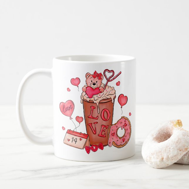 Café Caneca do Amor do Dia de São Valentim (Com Donut)