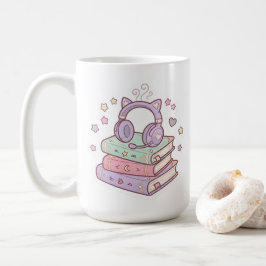 Café Caneca do Gato Fofo com Fone de Ouvido e Livros Má