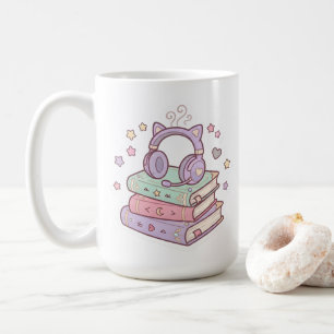 Café Caneca do Gato Fofo com Fone de Ouvido e Livros Má