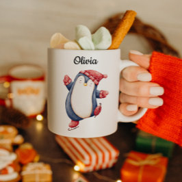 Café Caneca do Pinguim de Natal com Texto Personalizado