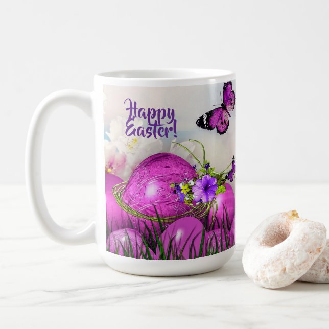 Café Caneca Feliz Páscoa Roxa Ovos de Páscoa & Borbolet (Com Donut)