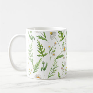 Café Caneca Floral Aquarela de Samambaias e Margaridas