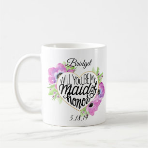 Café Caneca floral da proposta da madrinha de casamento