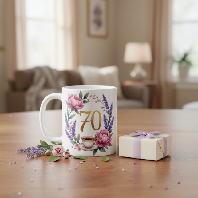 Café Caneca Floral de Aniversário de 70 Anos Personaliz (Personalized 70th Birthday Floral Mug for Grandma)