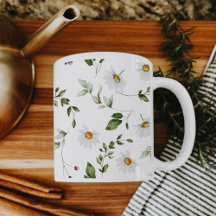 Caneca Floral de Aquarela Margaridas Macias Branca