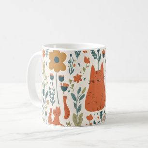 Café Caneca Floral de Gato Laranja Fofo Arte Folclóri