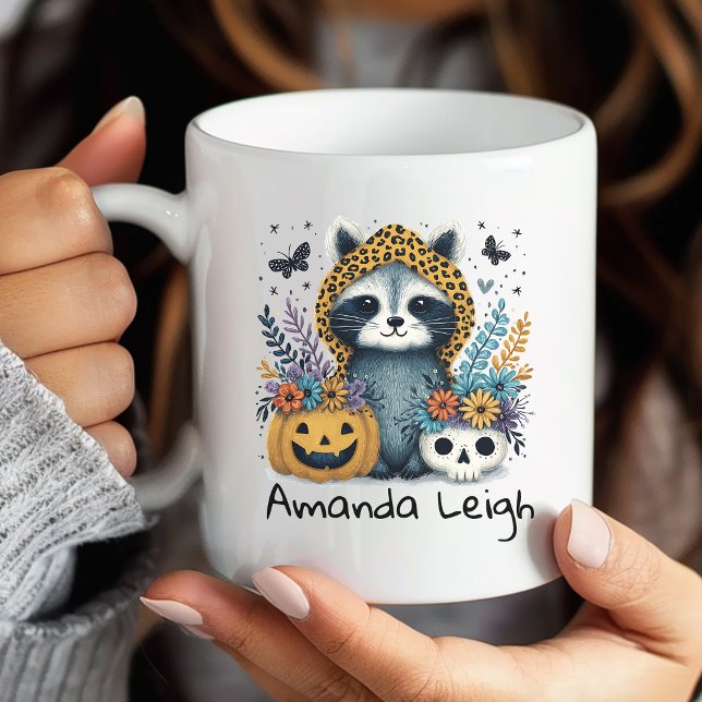 Café Caneca Floral de Halloween de Guaxinim Fofo de Out (Criador carregado)