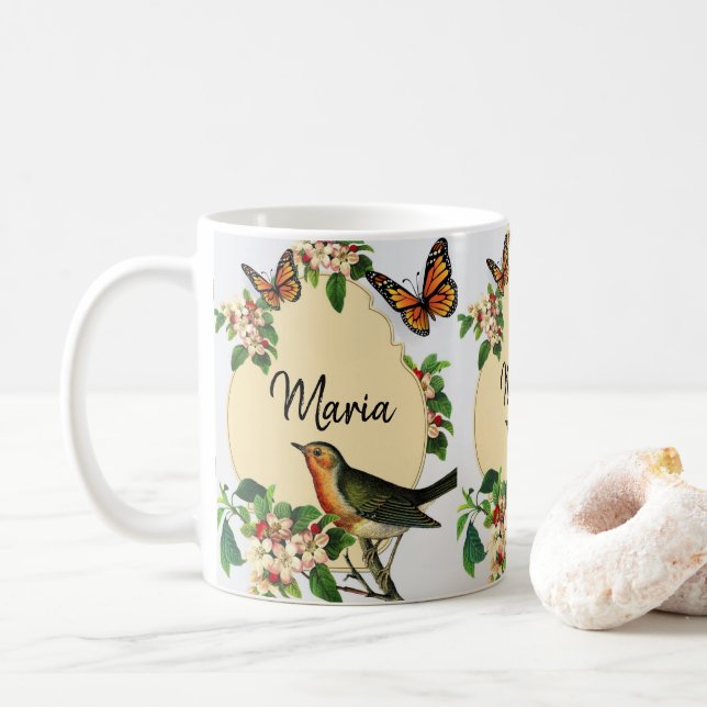 Café Caneca Floral de Pássaros Vitoriana (Com Donut)