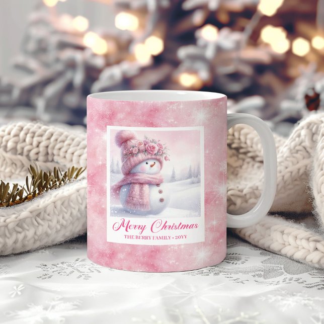 Café Caneca Infantil Homem de Neve Rosa Presente Flores (Pink Snowman Kids Mug Sweet Winter Forest Gift)
