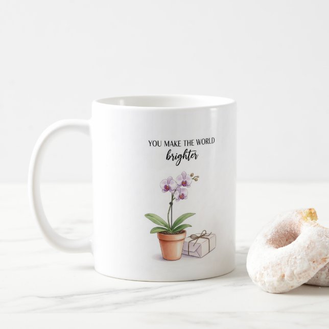 Café Caneca Inspiradora de Orquídea em Aquarela (Com Donut)