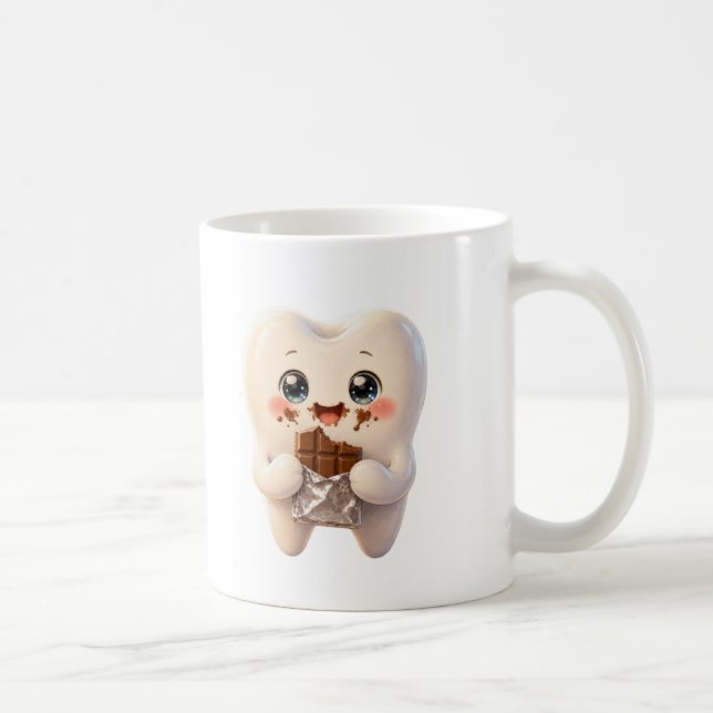 Café Caneca Kawaii de Dente Comendo Chocolate.  (Direita)