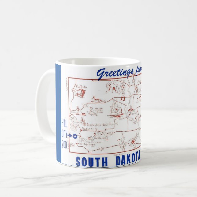 Café Caneca Mapa Postal Azul e Branco de Dakota do Sul (Frente Esquerda)