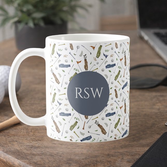 Café Caneca Monograma com Padrão de Golfe Azul Verde Aq (Criador carregado)