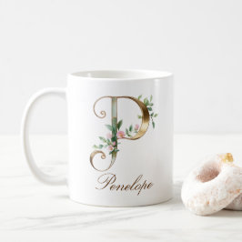 Café Caneca Monograma de Letra P Floral em Ouro Elegant