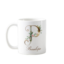 Caneca Monograma de Letra P Floral em Ouro Elegant