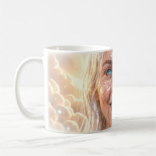 Café Caneca Olhos Azuis Brilhantes Lágrimas de Alegria