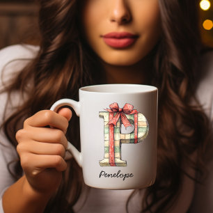 Café Caneca P de Natal Monograma Festivo Personalizada
