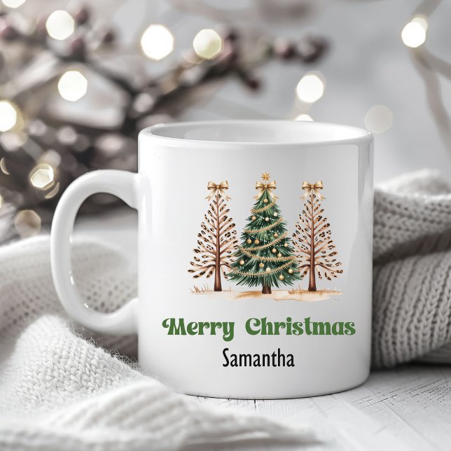 Café Caneca Personalizada com Nome Árvores de Natal Leo (Festive Leopard Christmas Trees Custom Name Mug)