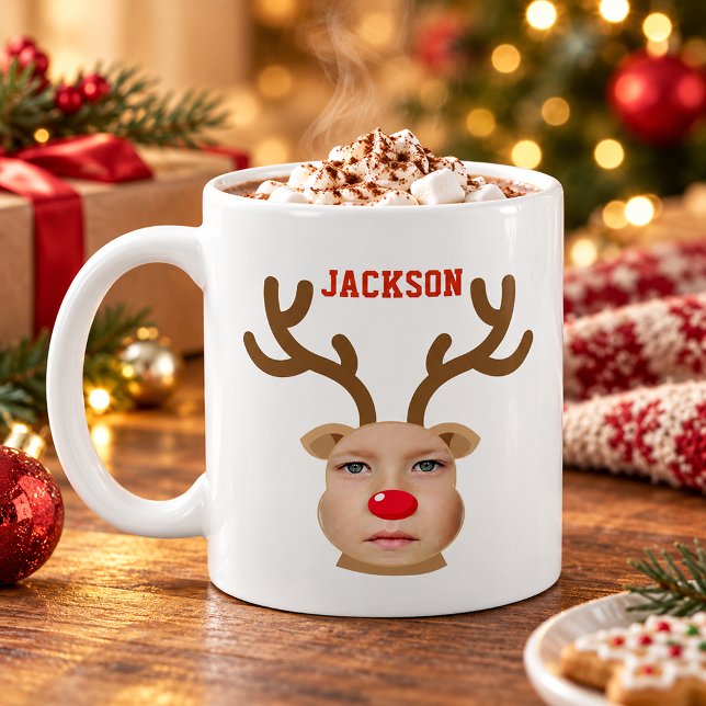 Café Caneca Personalizada com Rosto de Rena (Cute Photo face Christmas Reindeer - Rudolf )