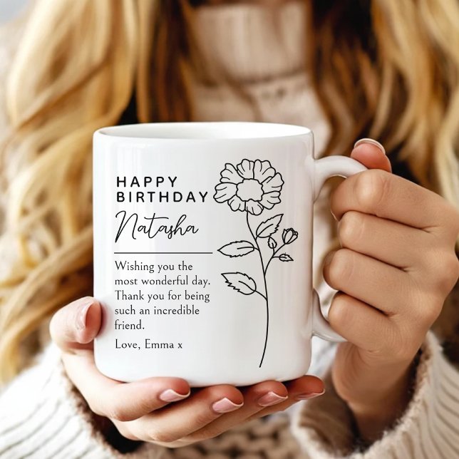 Café Caneca Personalizada de Aniversário com Letra Flor (Personalized birthday floral mug gift for coworker, Personalized elegant birthday mug gift for her)