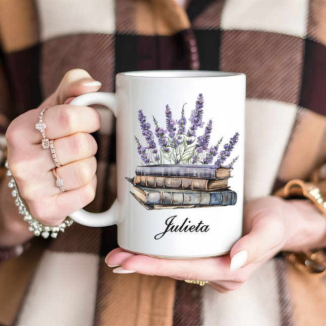Café Caneca personalizada de livro floral de lavanda, p (personalized mug, student gift mug, book lover gift, bookish gift, mug for her, mug for students)