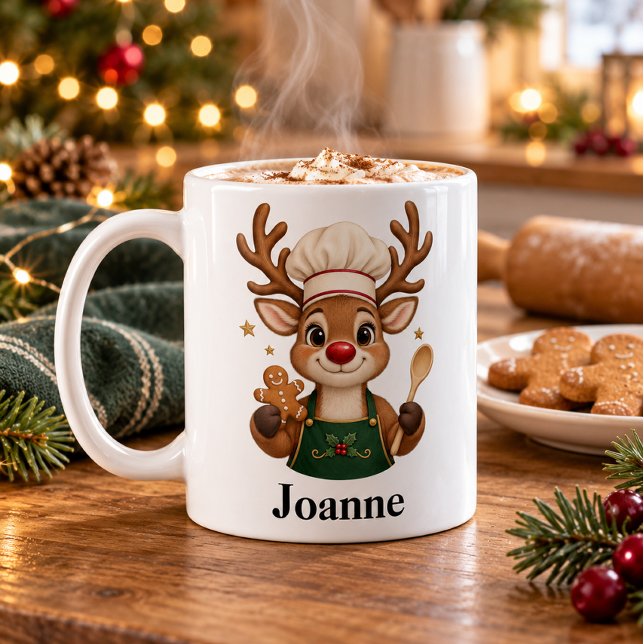 Café Caneca Personalizada de Natal Baker Rena (Personalized Christmas Baker Reindeer Mug)