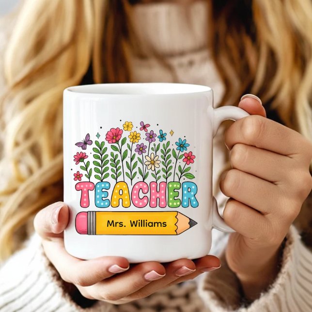 Café Caneca Personalizada de Professora com Flores Silv (Elementary school teacher mug, Preschool teacher mug, kindergarten teacher mug, Teacher gift)