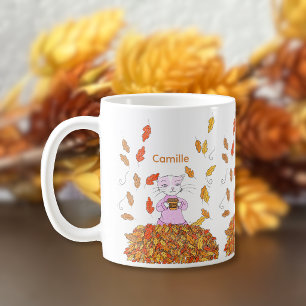 Café Caneca Personalizada Folhas de Outono e Gato Elega