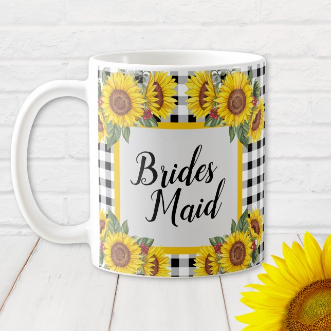 Café Caneca Personalizada para Damas de Honra Xadrez e  (Bridesmaid personalized Sunflowers and Gingham Bridal Shower Gift Mug)