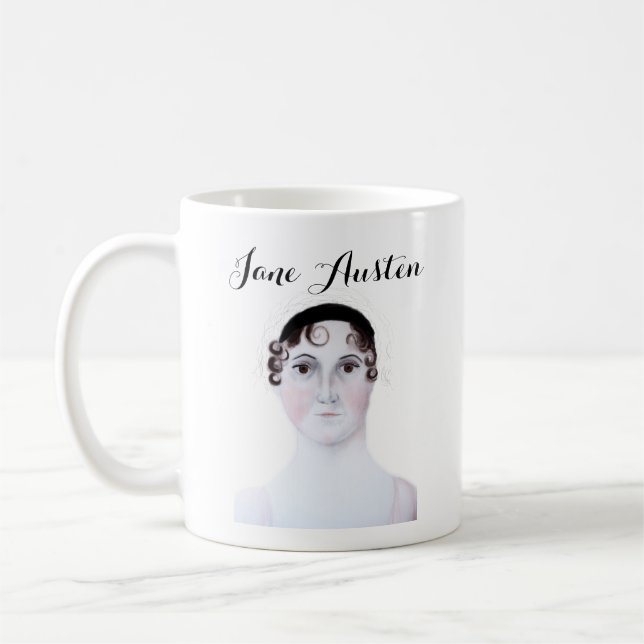 Café Caneca retrato aquarela de Jane Austen (Esquerda)