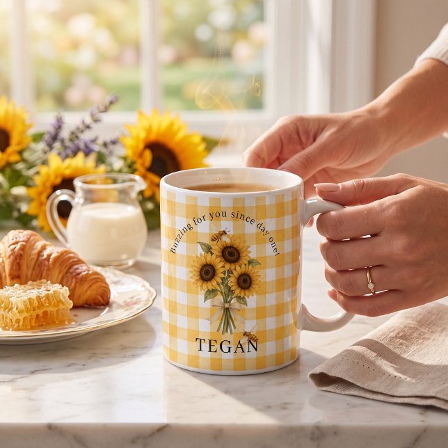 Café Caneca Sentimento Gingham Flor de Girassol Abelha (Criador carregado)