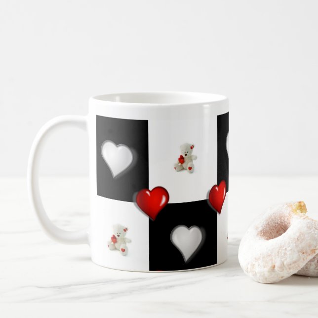 Café Caneca Urso de Pelúcia Branco Corações Vermelhos (Com Donut)